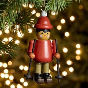NWT - West Elm Wooden Red Skier Ornament
